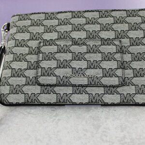 Michael Kors Logo Print Wristlet Clutch Pouch – Grey/Black Monogram MK Zip Bag